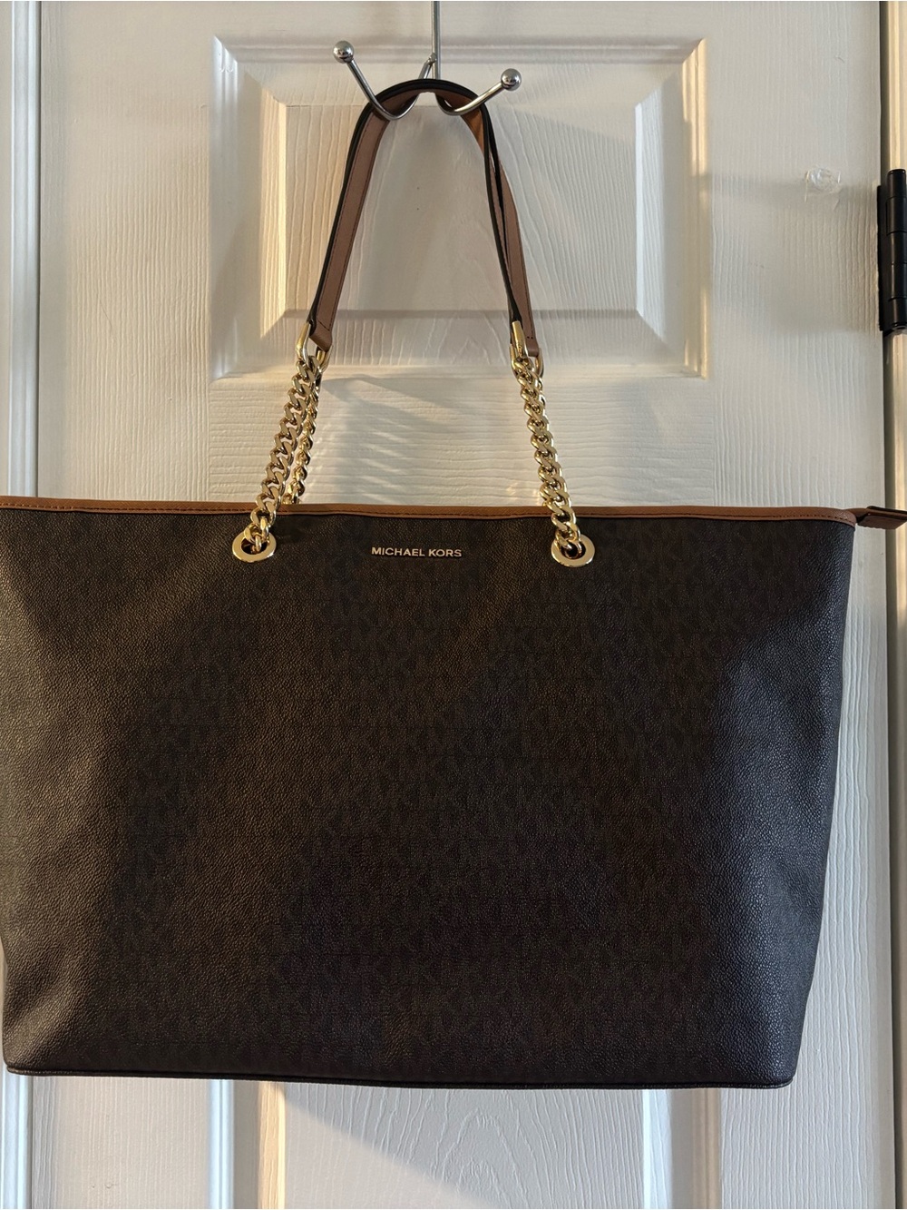 Michael Kors Dark Brown Logo Tote with Gold Chain Handles